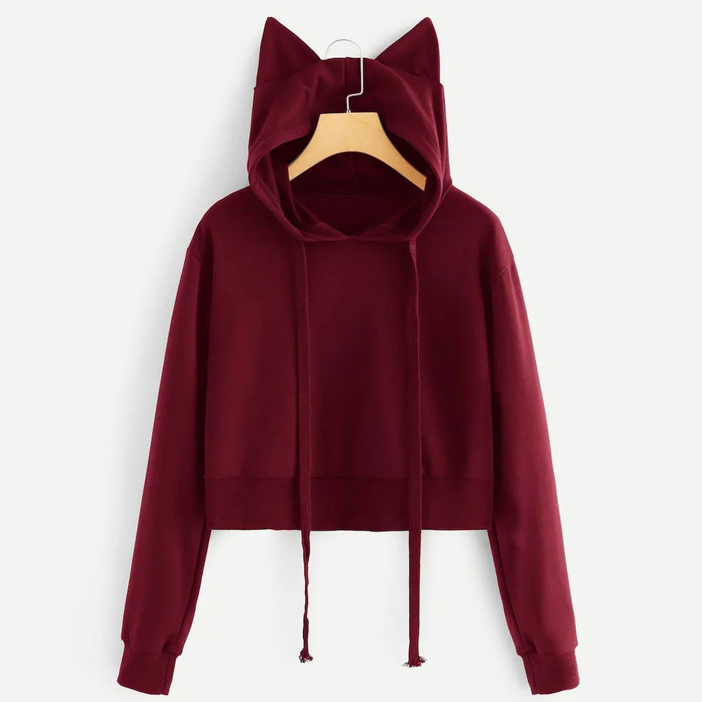 

Cat Ear Hoodies Womens Long Sleeve Short Hooded Sweatshirts Solid Drawstring Cropped Hoodies Tops Sudadera Mujer Women Hoodies