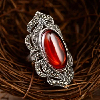 

Authentic Sterling Silver 925 Engagement Vintage Exaggerated Big Rings For Women Natural Garnet Adjustable Fine Jewelry Bijoux