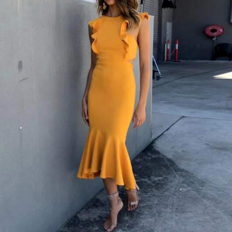 Sexy Women's Strappy Backless Dresses Female Sleeveless Ruffles Dress Fashion Vestidos Frill Hem Mid-Calf Long Mermaid Dress