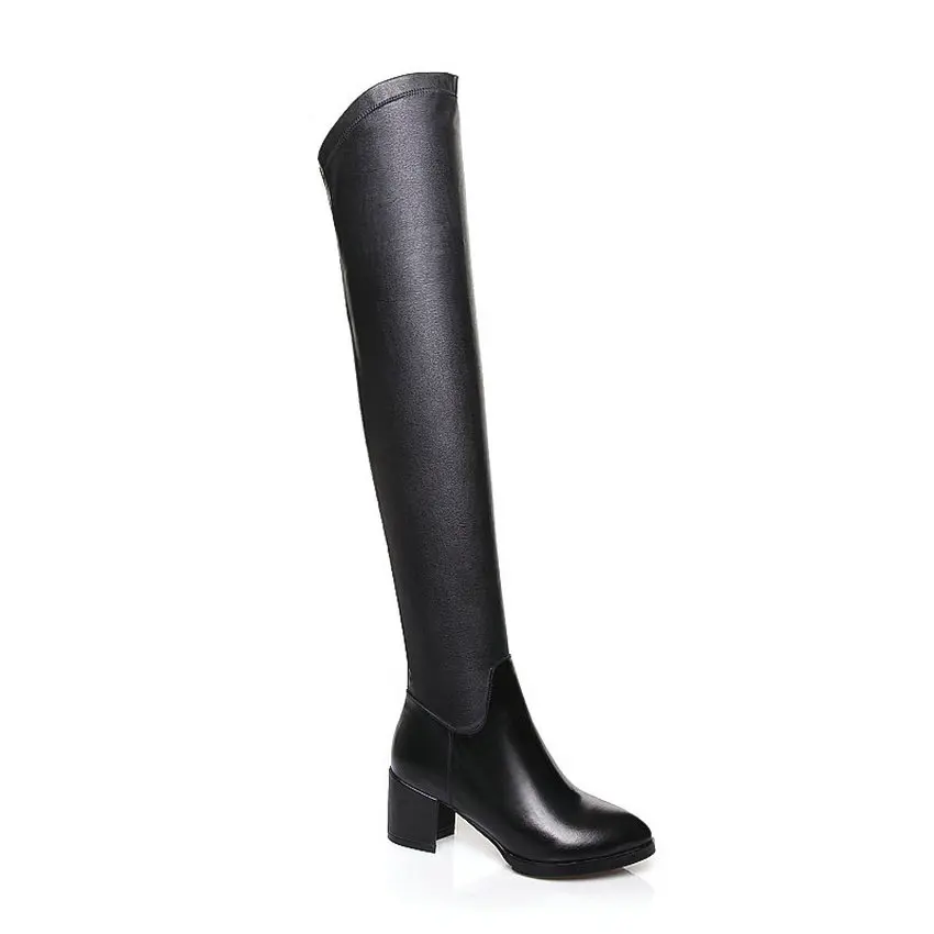 QUTAA/ г. Зимние Сапоги выше колена на молнии и платформе с острым носком модная женская обувь из натуральной кожи на квадратном каблуке размеры 34-43