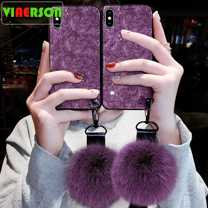 Purple Fox Fur Pendant Phone Case For iPhone XS Max XR 6 6S 7 8 Plus X Hot Cracked Marble Soft IMD Back Cover |