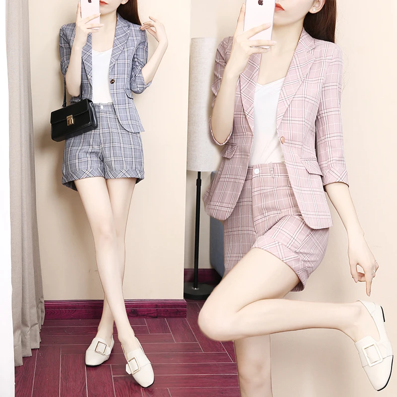 

Two piece set top and pants spring and summer new fashion 7 points sleeve plaid suit female temperament suit shorts two-piece