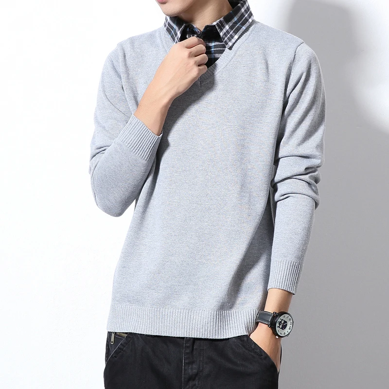 Plaid Collar Autumn Winter Christmas Sweater Men Pullover