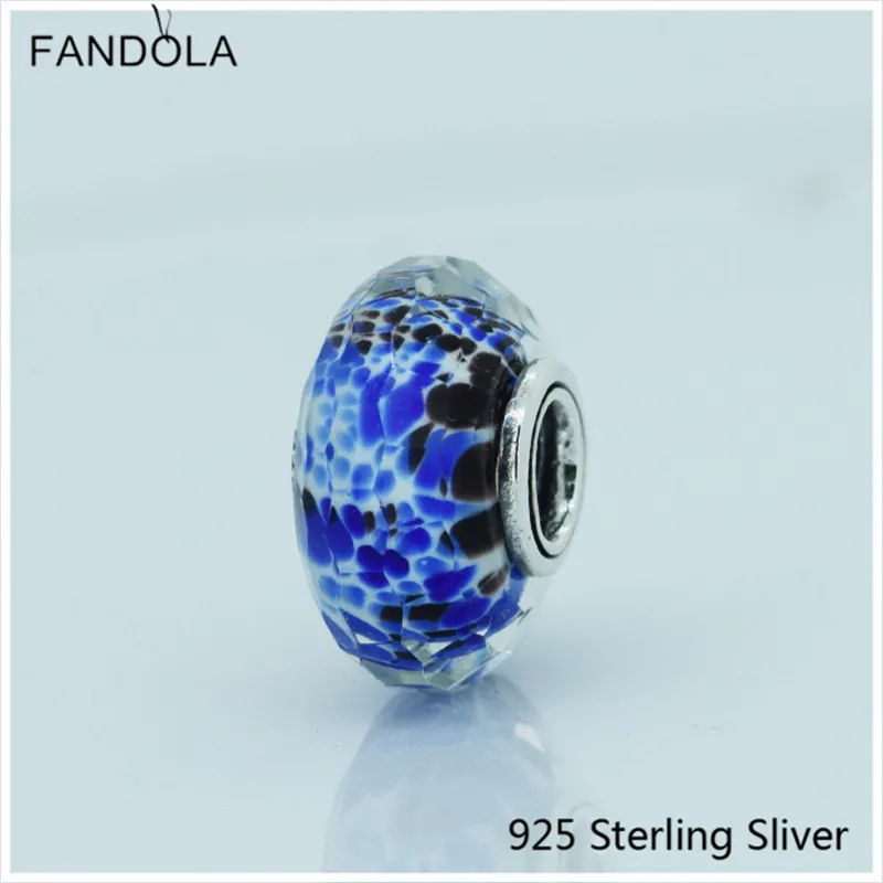 

925 Sterling Silver Blue Shibori Faceted Glass Murano Glass Fit DIY Brand Bracelet Bead Jewelry Making Woman Gifts