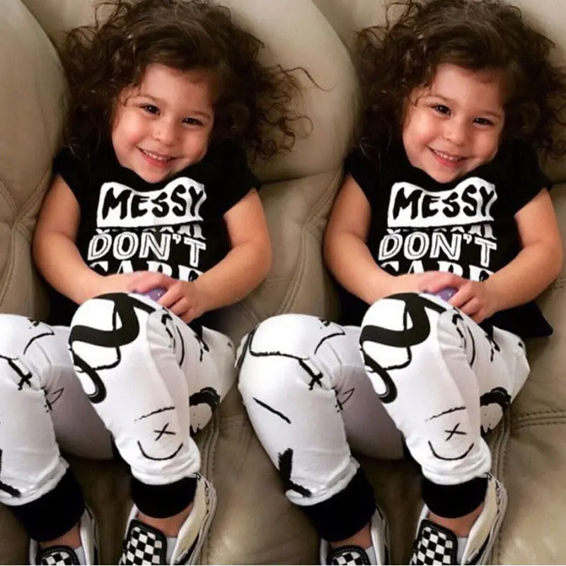 

Newest Fashion Kids Baby Kids Cotton Black Letter Print T-shirt Tops and White Pants Outfits Set Casual Clothes 2-8Y
