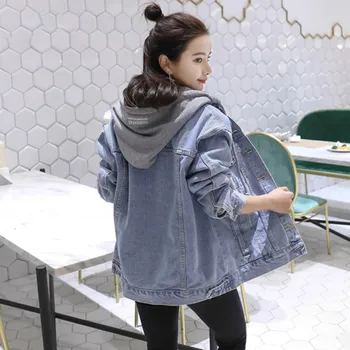 

Spring Autumn women Denim Jacket 2019 New Loose Casual Hooded Denim Top outerwear Large Size female Single Breasted Coats JIA385