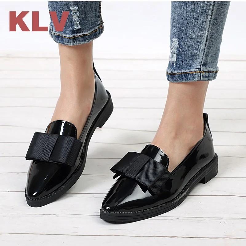 

klv Spring Flats Women Shoes Bowtie Loafers Patent Leather Elegant Low Heels Slip On Footwear Female Pointed Toe Thick Heel #3