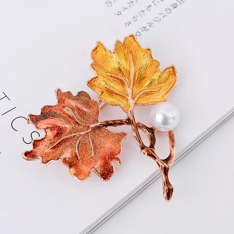 

LUBOV Yellow Color Painted Maple Leaves Design Metal Brooch Pin Imitation Pearl Gold Color Brooches Pins Women Party Jewelry