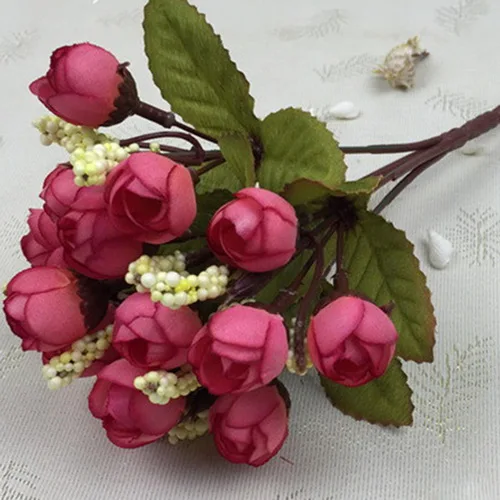 Разноцветные 15 голов/букет, маленькие бутоны, розы, искусственные цветы, шелковые розы, декоративные цветы для дома, украшения для свадьбы - Цвет: Pink