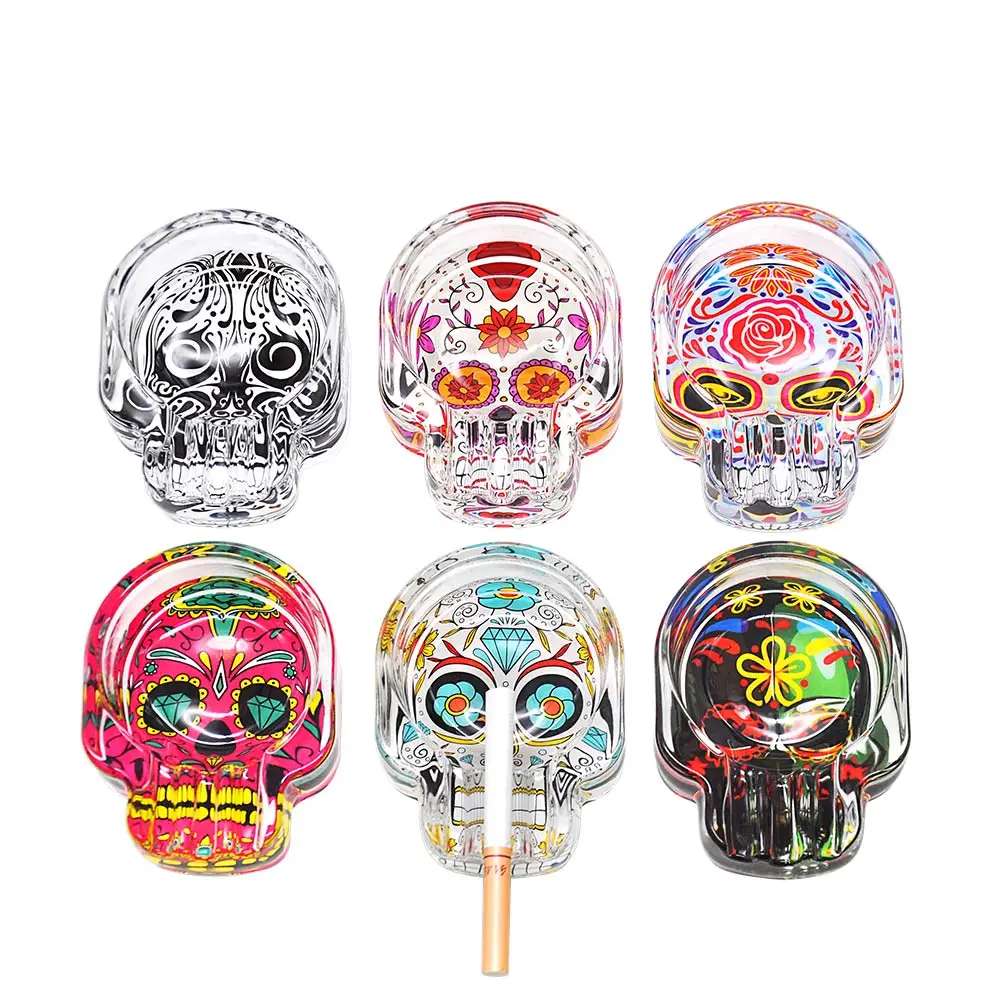 

COURNOT Handmade Sugar Skull Glass Ashtray Three Cigarette Ash Holder 62MM Cigarette Ashtray Day of The Dead Glass Cigar Ashtray