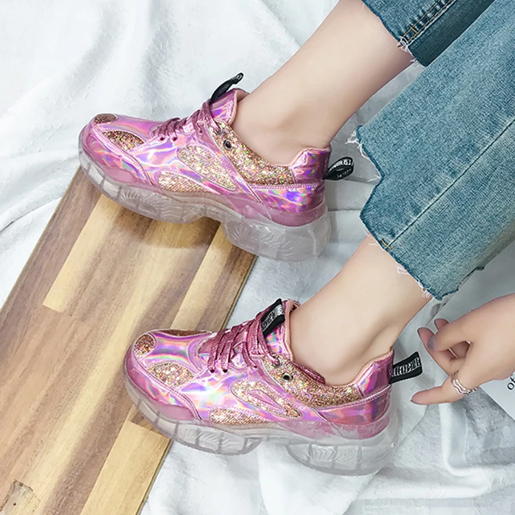 

2019 Vulcanize Shoes Woman Fashion Round Toe Lace Up Casual Flats Ladies Platform Sneaker Leisure Sequined Vulcanize Shoes