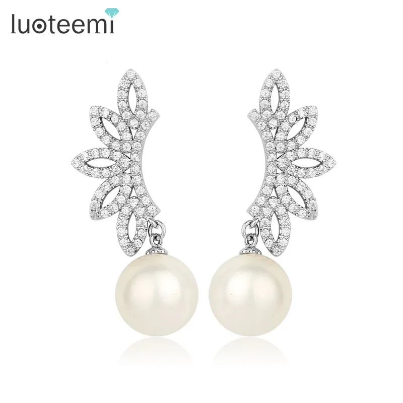 

LUOTEEMI New Design Angle Wing White Imitation Pearl Earrings for Women Luxury Wedding Evening Party Dress Jewelry