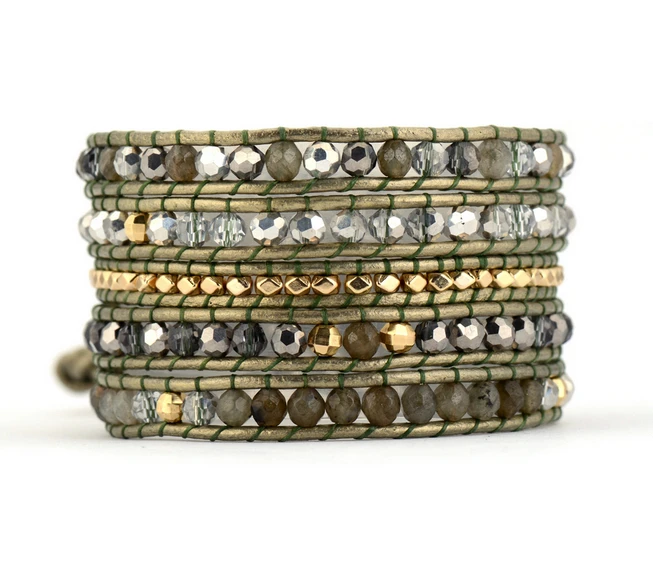 

Exquisite Natural Stones with Crystals Leather Wrap Bracelets Wholesale Handmade Multilayers Bohemian Bracelet Dropshipping