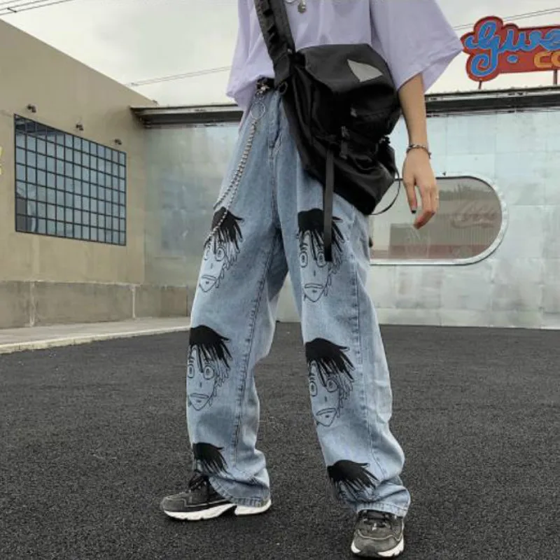 Мужские модные синие джинсы с принтом аниме, свободные брюки в стиле хип-хоп, новинка, повседневные мужские штаны на молнии для скейтборда, уличная одежда, Jeens Hombre