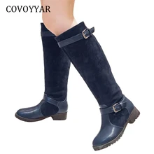 COVOYYAR/; лоскутные Сапоги до колена; сезон осень-зима; женские мотоциклетные сапоги для верховой езды с двойной пряжкой; женская обувь на толстом каблуке; WBS867