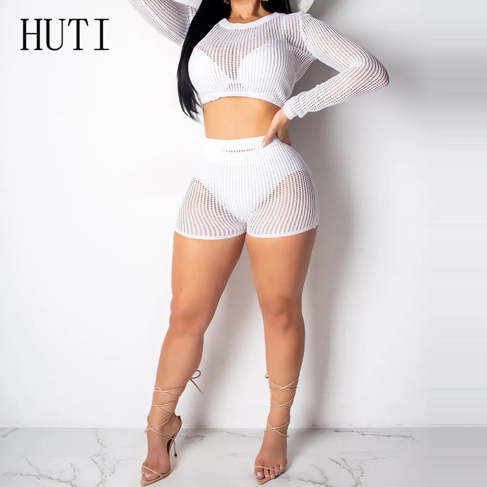HITI Fashion Sexy Openwork Beachwear Long Sleeve Hollow Out Grid Two Pieces Sets Playsuits for Women Black Club Party Bodysuits HITI Fashion Sexy Openwork Beachwear Long Sleeve Hollow Out Grid Two Pieces Sets Playsuits for Women Black Club Party Bodysuits