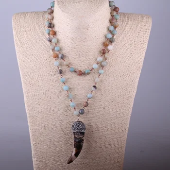 

Fashion Bohemian Tribal Artisan Jewelry Rosary Chain Amazonite Stones Ox Horn Pendant Necklace