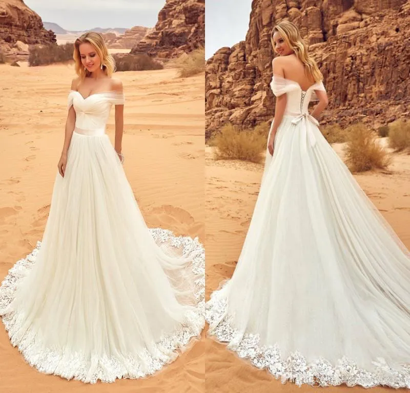 

New Beach Wedding Dresses Bridal Gowns with Appliques A Line Lace Ivory Wedding Dresses Off Shoulder Lace-Up Back Vestido De Nov