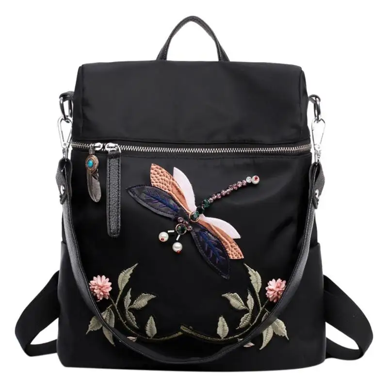 

3D Dragonfly Flower Embroidery Print Nylon Backpack Leisure Shoulder Bag