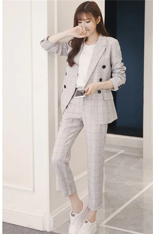 CBAFU women's classic pants suits fashion plaid turn down collar suit coat jacket female office ladies work 2 piece sets D177 - Цвет: picture color