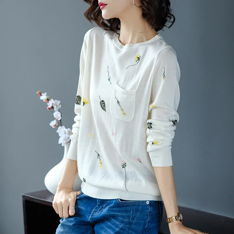 XL Brand Sweater 2019 Spring Fall Women's New OL Commuter Printed O-neck Pockets Bottoming Pullovers | Женская одежда