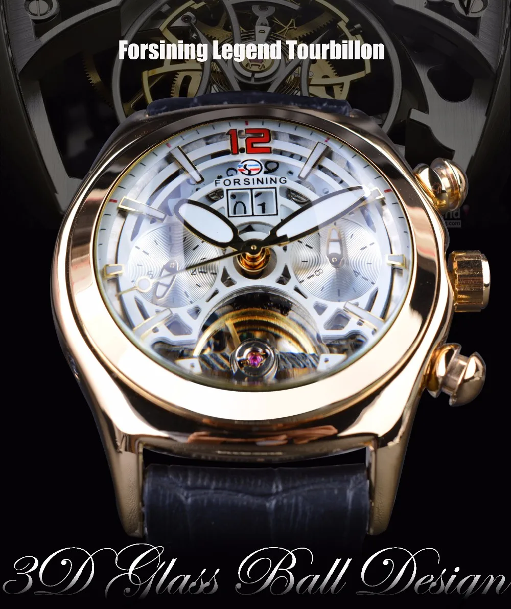Forsining Legend Tourbillion серия 3D стекло дизайн натуральная кожа мужские часы лучший бренд класса люкс часы Автоматические Мужские наручные часы