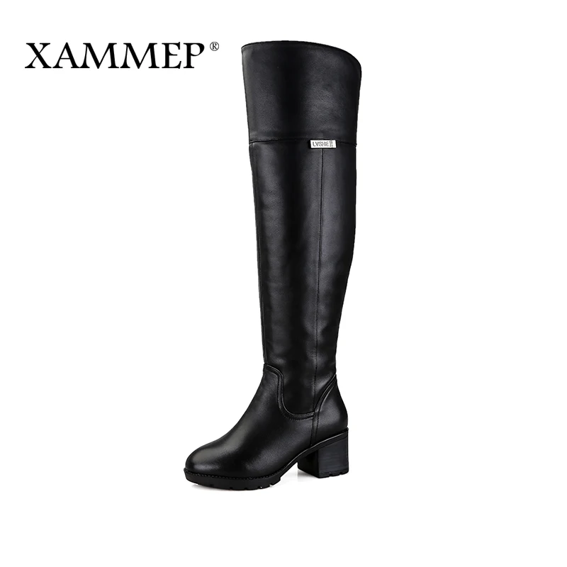 Xammep/Брендовая женская обувь; ботфорты; большие размеры; Высококачественная женская зимняя обувь из натуральной кожи на меху и шерсти; женские ботинки - Цвет: Black