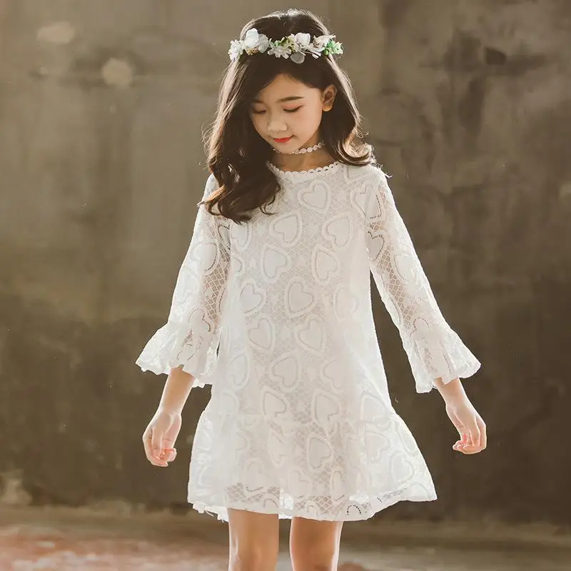 Летнее платье, детская одежда, праздничные кружевные платья с длинными рукавами для больших девочек, От 8 до 14 лет, одежда для детей, Elbise - Цвет: Белый