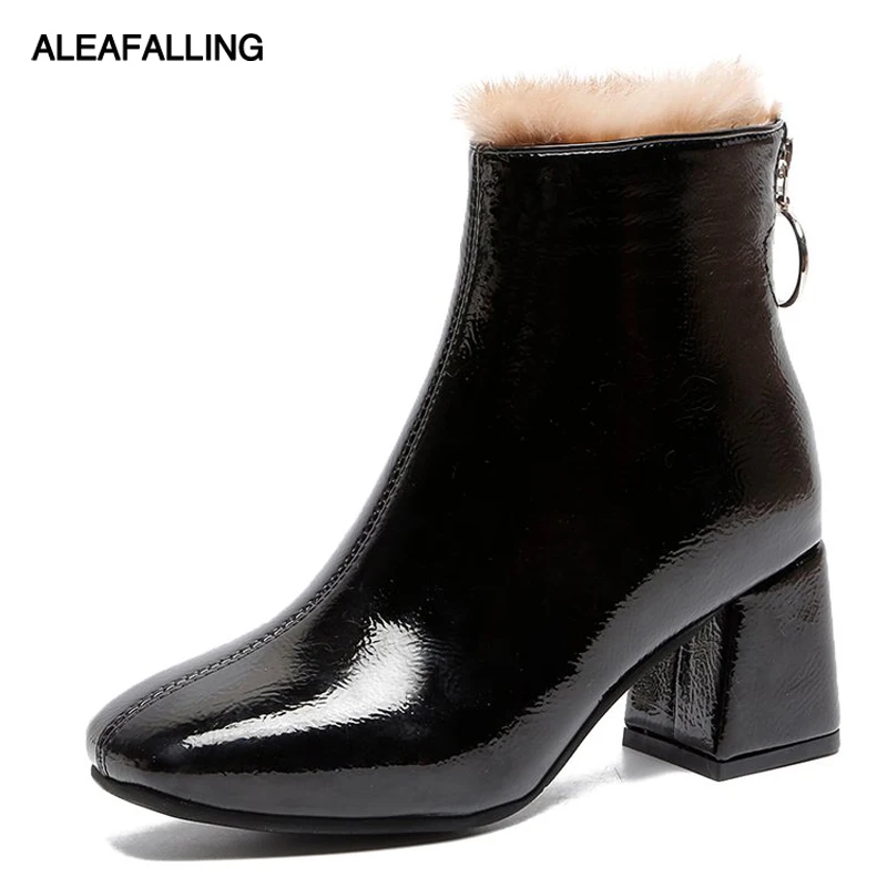 

Aleafalling Warm Boots Women Shoes Back Zip Open Botas Female Women Ankle Snow Boots Faux Fur Boots Lady Shoes 6cm Heel WBT390