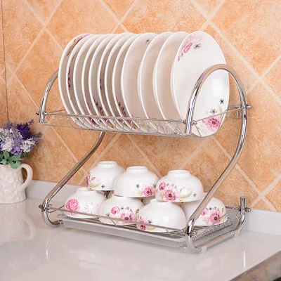 

Double Tiers Shelf Stainless Steel Cutlery Dish Rack Kitchen Storage Box Dish Drainer Dryer Drip Tray Cup Plates holder
