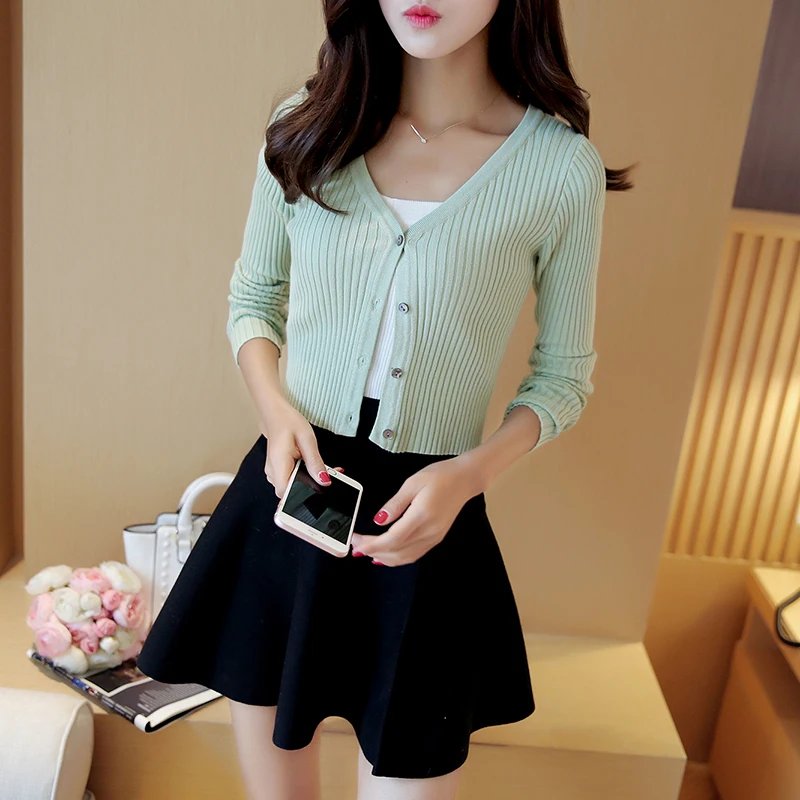 

12 Colors 2016 Spring Women V-Neck Knitted Casual Long Sleeve Short Sweaters Cardigans Lady Knitting Short Slim Outwear