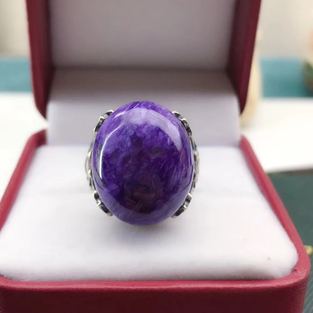 Регулируемый кольцо Природный Фиолетовый Чароит Камень Кристалл Для женщин Для мужчин Lucky Love подарок изделия серебра 925 18x15 мм овальные