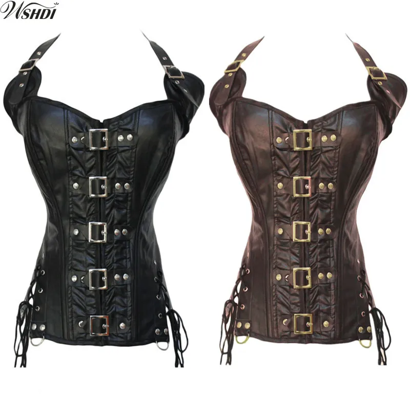 

Gothic Women Halter Faux Leather Overbust Corset Sexy Buckle Closure Steampunk Slimming Waist Body Shaper Black Brown Corselet