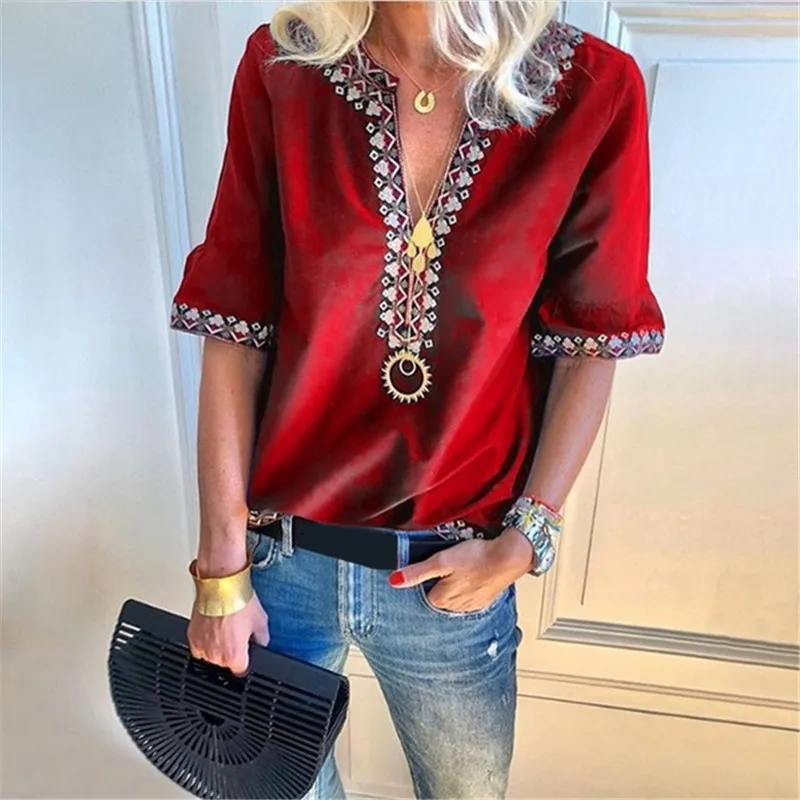 

Fashion Plus Size Women's Summer Ethnic Style Bohemian Shirt Ruffle Sleeve Print V-neck Loose T-Shirt Office Shirts Elegant