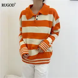 RUGOD/корейский стиль, женский полосатый свитер 2019, вязаный свитер с отложным воротником, пуловер в консервативном стиле, Повседневный