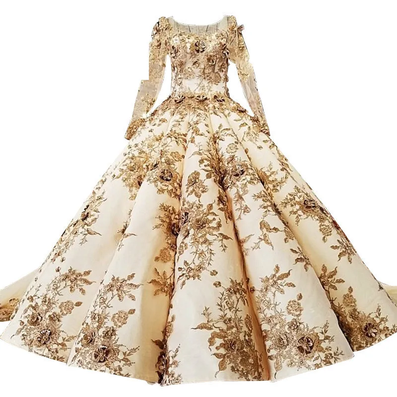 Шампанское золото свадебное платье 3D цветок robe De mariée Жемчуг Вышивка спинки V образным вырезом бальное 2018 пышное свадебное платье