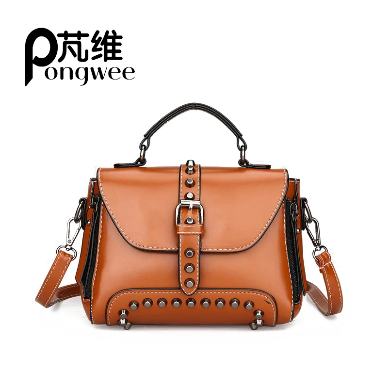 

PONGWEE 2018 Vintage Leather Bags Crossbody Bags For Women Messenger Bags Handbags Women Famous Brand Rivet Small Shoulder Sac