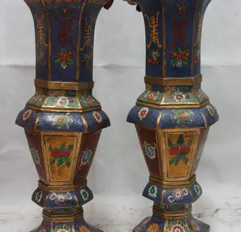 

Palace Old Copper Bronze Cloisonne Enamel Longevity Hexagonal Jar Pot Vase Pair