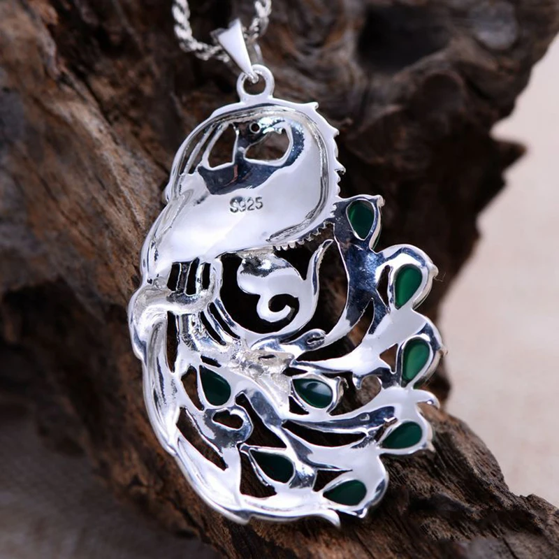 MAYONES Real Pure 925 Sterling Silver Peacock Pendants For Women Inlaid Green Chalcedony Marcasite 4