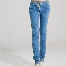 Горячая распродажа! повседневные женские джинсы с эластичной резинкой на талии, женские свободные джинсы размера плюс, теплые штаны-шаровары, женские джинсовые штаны