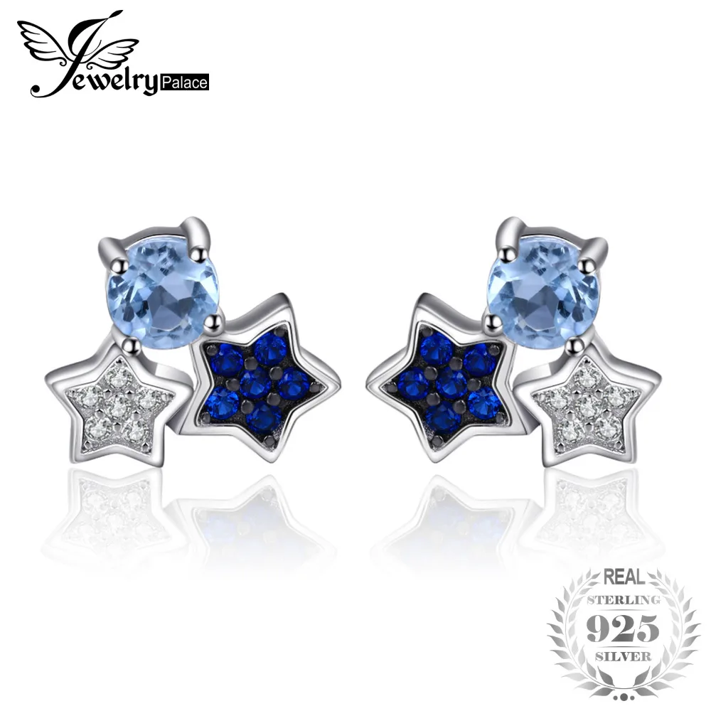 

Jewelrypalace Three Star 0.6ct Genuine Sky Blue Topaz Created Blue Spinel Studs Earrings 925 Sterling Silver Hot Gift For Mother