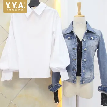 

Spring New Korean Sweet Style Long Sleeve Peter pan Collar Women Shirts Chic Lantern Sleeve Pullover Loose White Female Blouse