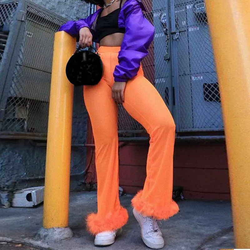 

New Beach Holiday Orange Mesh Perspective High waist Women Trousers Sexy See Trough Flare Sheer Pants Slim Elastic Fur Pantalon