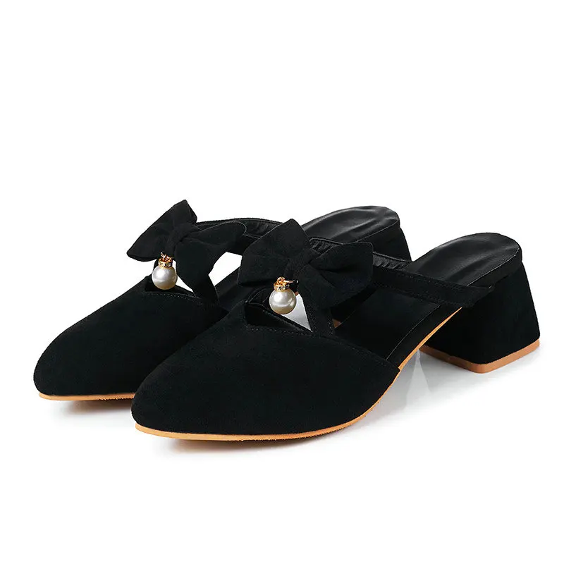 

B2-7 Size 33-43 Grils Spring Autumn Plus Size Slippers Round Toes Bowknot Shoes For Woman Thick Heels Shoe Women Slingback Shoe