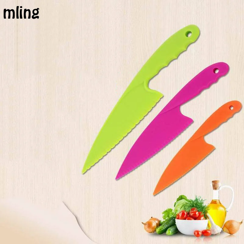 

mling Kitchen Knife For Kids Safety Knife 3PC Lettuce Salad Knife Serrated Plastic Cutter Slicer Cake Bread Cook Children DIY