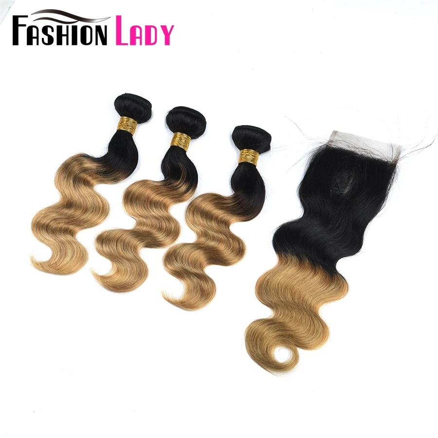 FASHION LADY Pre-Colored Ombre Malaysian Body Wave T1B/27 3 Piece Human Hair Bundles With Closure 4x4 Middle Part Non-Remy body-wave