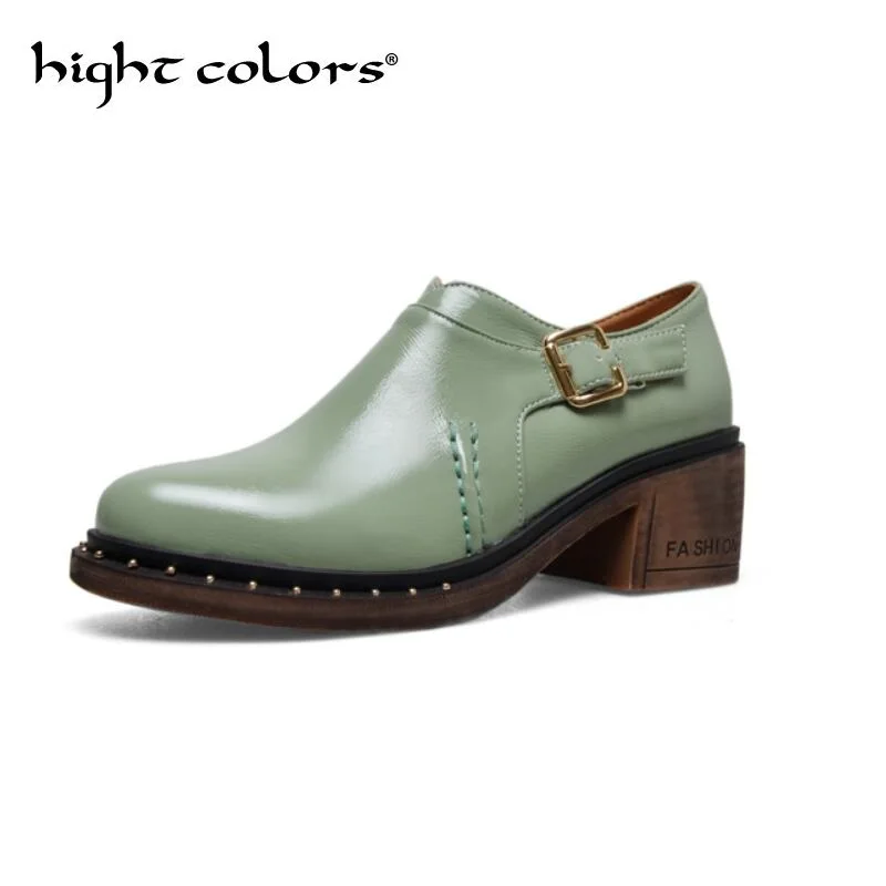 

2018 Fashion Yellow Green Thick Heel Women Shoes British Style Round Toe 5CM Shoes Ladies Square High Heels Pumps Big Size 42 43
