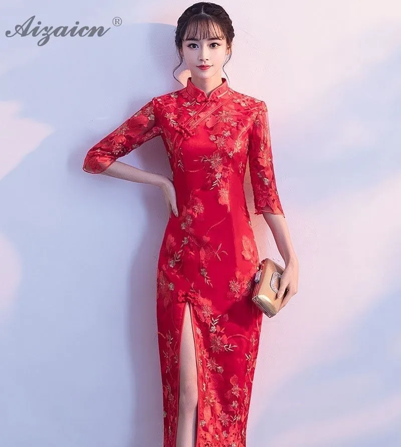 Мода невесты вышивка Cheongsam Красная цена платья Современный оригинальный Femme длинное вечернее Qi Pao китайское свадебное платье халат Ципао