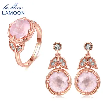

LAMOON classic flower 100% Natural Pink Rose Quartz 925 Sterling Silver Jewelry sets Drop Earrings S925 V023-4