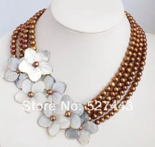 

FREE SHIPPING>>@> Wholesale NEW 6-7mm Chocolate Pearl Shell flower Necklace NEW